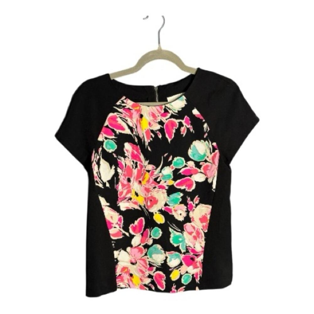 LOFT Black Pink Floral Short Sleeve Blouse SP